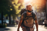 Sport man or tourist with beard and backpack rucking and walking at street in city. Trendy activity. Summer vacation.