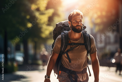 Sport man or tourist with beard and backpack rucking and walking at street in city. Trendy activity. Summer vacation. photo