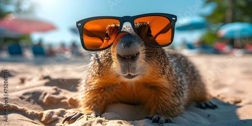 Chill groundhog rocks shades enjoying sunkissed beach vibes. Concept Beach Vibes, Groundhog Fun, Sunglasses Style, Sunny Day, Chill Animal © Ян Заболотний