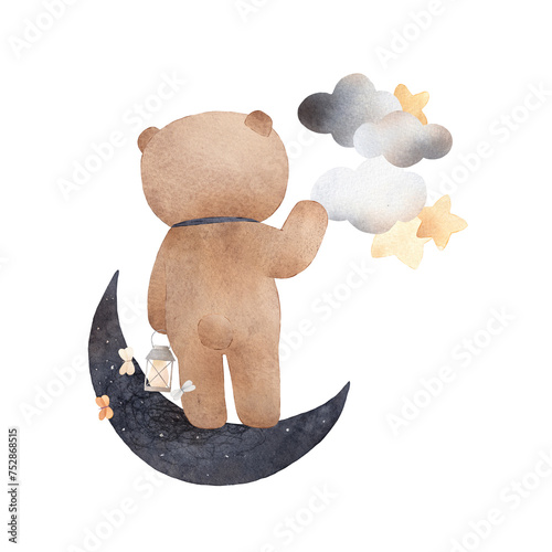 Little bear on the moon. Teddy bear among the stars. Watercolor illustration. Decor for a children's room.