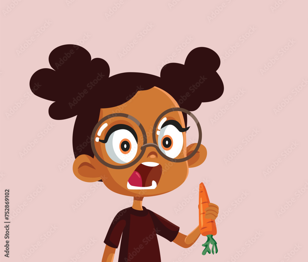 Hungry Girl Eating a Carrot with Vitamin A Vector Character. Child snacking healthy foods to improve eyesight 
