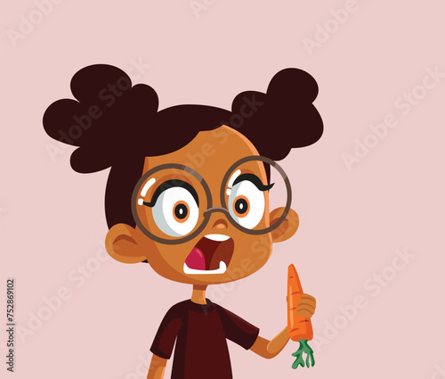 Hungry Girl Eating a Carrot with Vitamin A Vector Character. Child snacking healthy foods to improve eyesight 
