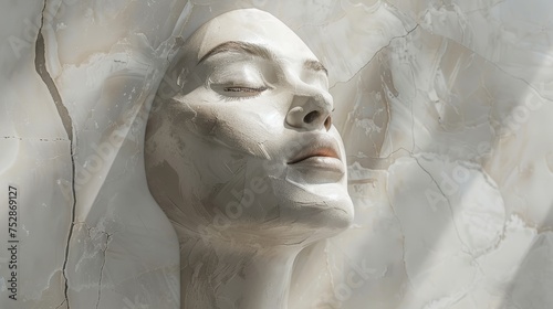 Relief sculpture of a serene woman's face on marble texture. Artistic and tranquil concept for gallery display, meditation space design, and cultural event promotions