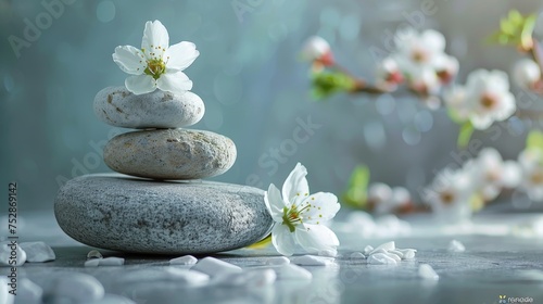 Stacked stones with white cherry blossoms on a blurred background. Serenity and spa concept with space for text. Design for wellness, relaxation, and meditation themes