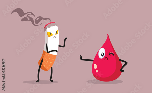 Cartoon Blood Drop Saying no to Smoking Vector Illustration. Bad habit of tobacco addiction doing damage to the circulatory system
