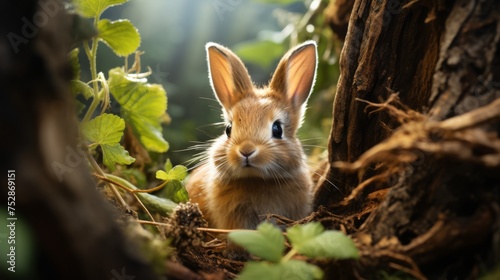 Close-up of a forest rabbit, alert and wild