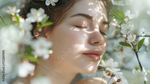 Close-up portrait of a woman with flowers and soft natural lighting. Serene beauty and springtime concept with copy space.