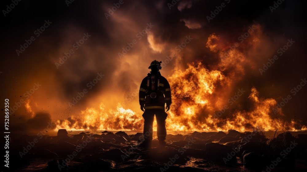 Firefighter's silhouette against a fiery explosion, action and danger