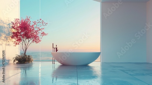 Luxurious bathroom interior with freestanding bathtub overlooking a sea view at sunset. Contemporary design with blossoming tree for serene home spa concept.
