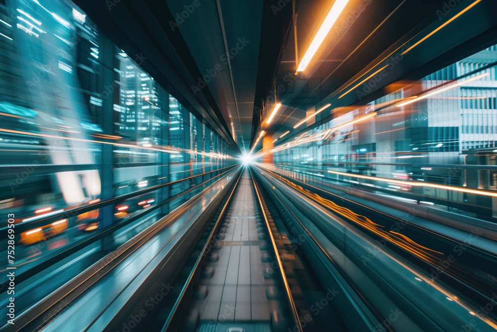 Fototapeta premium Fast moving train in tunnel. Engineering industry. Motion blur. Created with Generative AI technology.