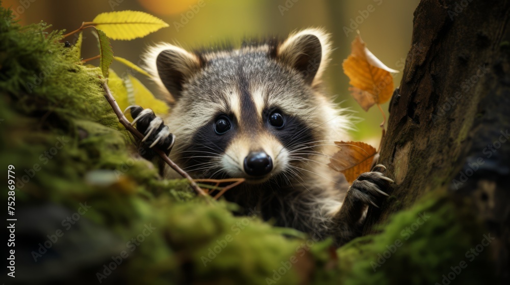 Raccoon in the forest, engaging wildlife close-up Raccoon in the forest, engaging wildlife close-up