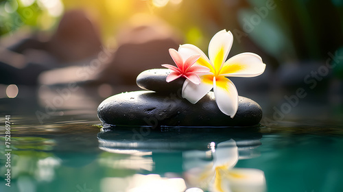 A pile of zen stones with flowers