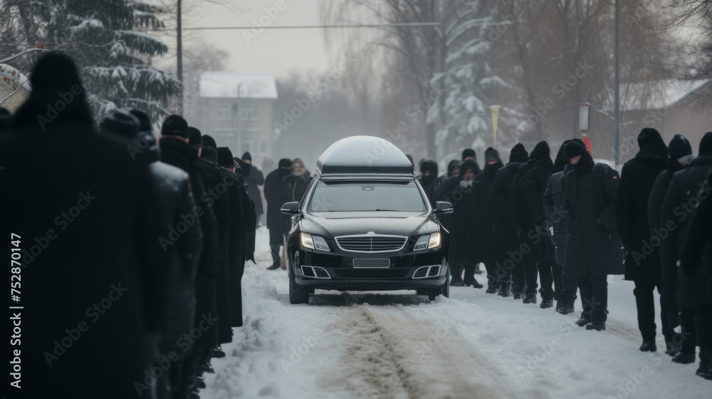 Funeral of a mafia boss. Russian mafia. Winter. Sad faces. Mourning. People dressed in black