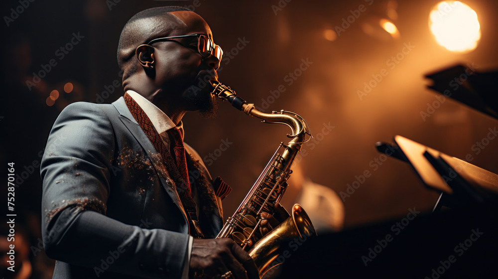Obraz premium A male African American jazz performer plays the saxophone on stage.