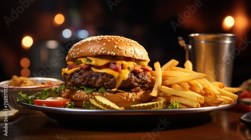 Juicy cheeseburger with fries on a classic diner plate  American cuisine staple