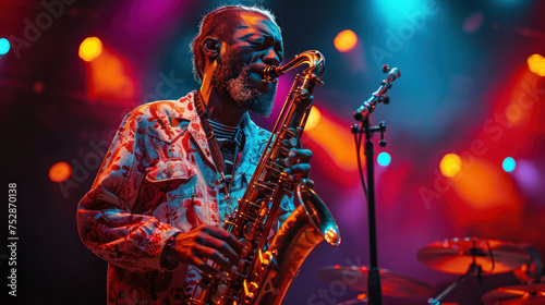 A male African American jazz performer plays the saxophone on stage.