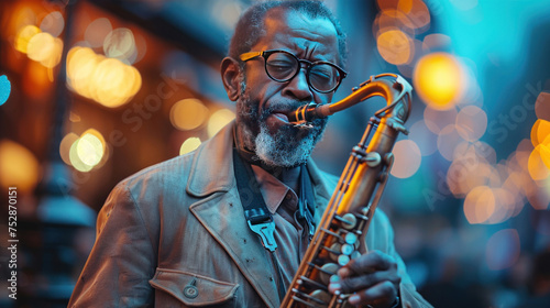 A male African American jazz performer plays the saxophone on stage.