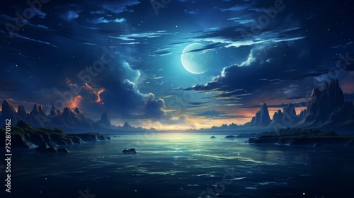 Luminous moon over a tranquil sea, peaceful, night beauty