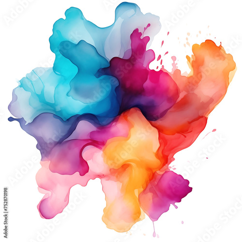 Red and soft blue watercolor stain with splashes isolated transparent background