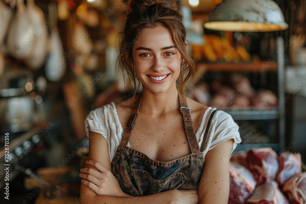 A smiling female butcher standing with arms crossed in meat shop.
