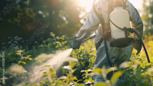 Person in protective gear is spraying plants in an agricultural setting.