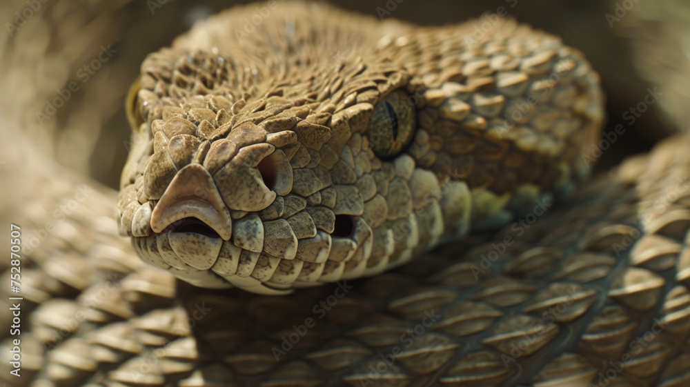 Obraz premium Close view of a coiled rattlesnake with intricate scale patterns.