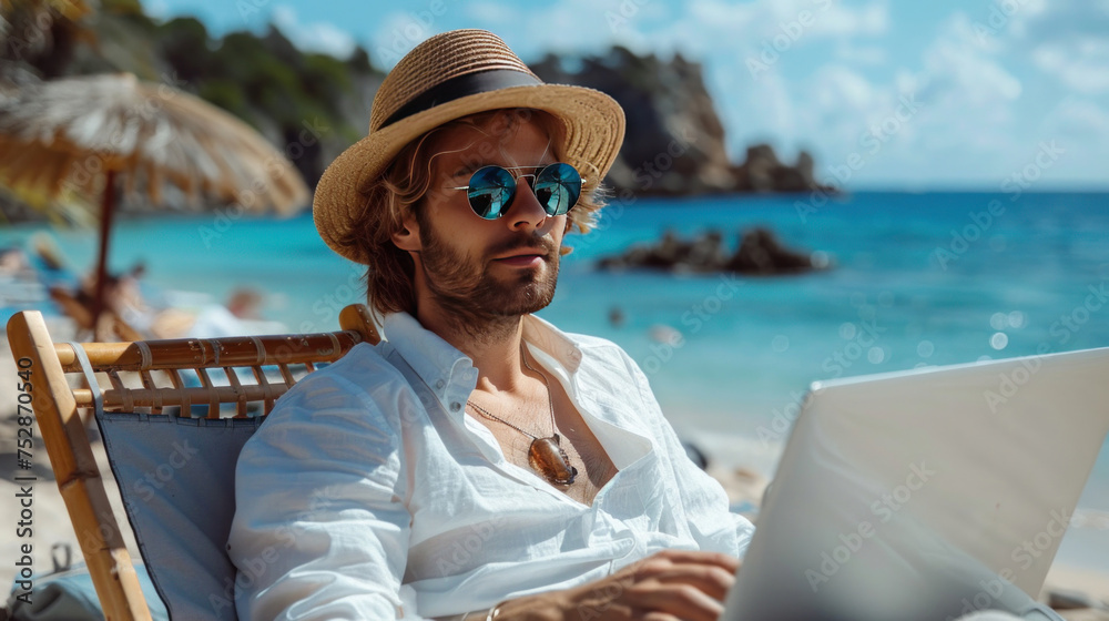 A young man working on a laptop while sitting on a beach chair, with the ocean in the background.