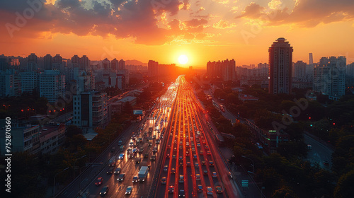 Aerial view of Dense traffic on multiple lanes against a backdrop of city skyscrapers during sunset.