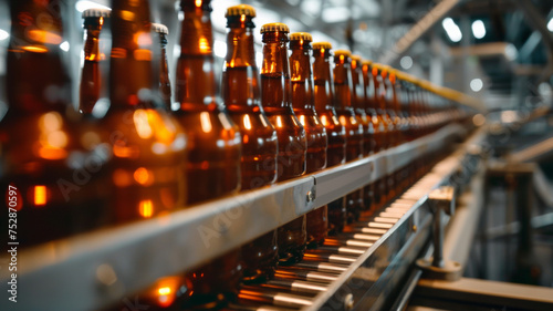 Amber beer bottles aligned on a conveyor belt in a brewery.