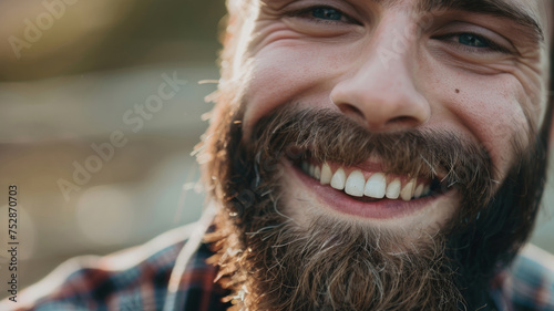 Close-up of a bearded man with a warm, heartfelt smile. photo