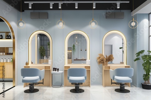 Modern bright beauty salon. Hair salon interior with chairs, mirrors and lights photo