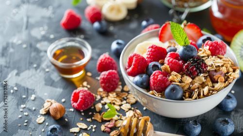 Healthy breakfast bowl with fruits  nuts  and granola on a dark surface.