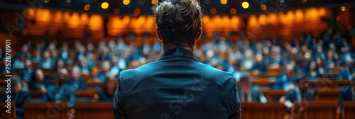 Business event, Rear view of motivational speaker standing on stage in front of audience for motivation speech on business event.