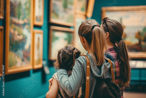 mother and daughter look at paintings in an art gallery in a museum © mirifadapt
