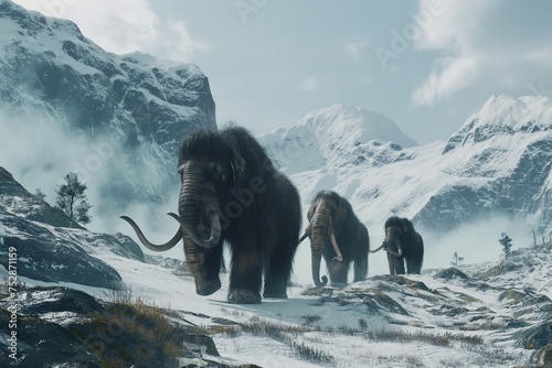 mammoths walking in a snowy mountain landscape