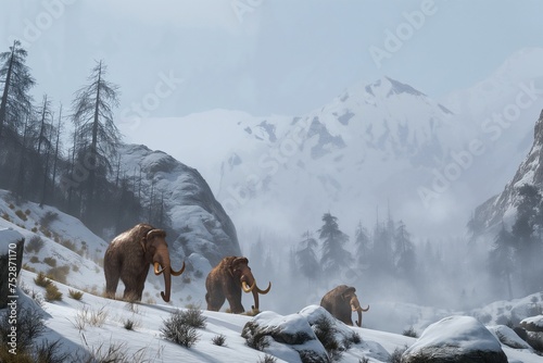 mammoths walking in a snowy mountain landscape