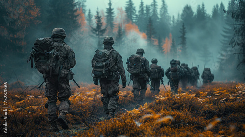 Group of warfare soldiers moving forward.