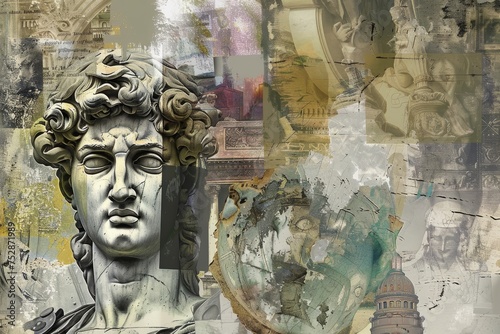 Collage of stoic classical statues with stoicsim and textures. A creative digital collage that combines elements of classical statues with various textures and abstract patterns © MiniMaxi