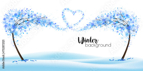 Winter nature background with stylized trees representing the season - winter. Trees with snowflakes collected in the shape of a heart. Vector. © ecco