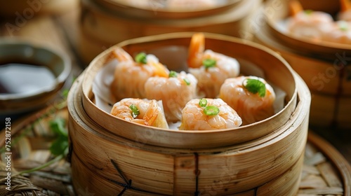 photography of dim sum Chinese food in a bamboo bowl. close-up view