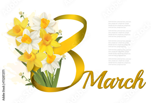 8th March illustration. Holiday  background with yellow and white flowers narcisses and gold ribbon. Vector. © ecco