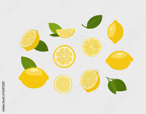 Icon lemon. Set fresh lemon fruits and slice. Isolated on white background. Vector illustrations 