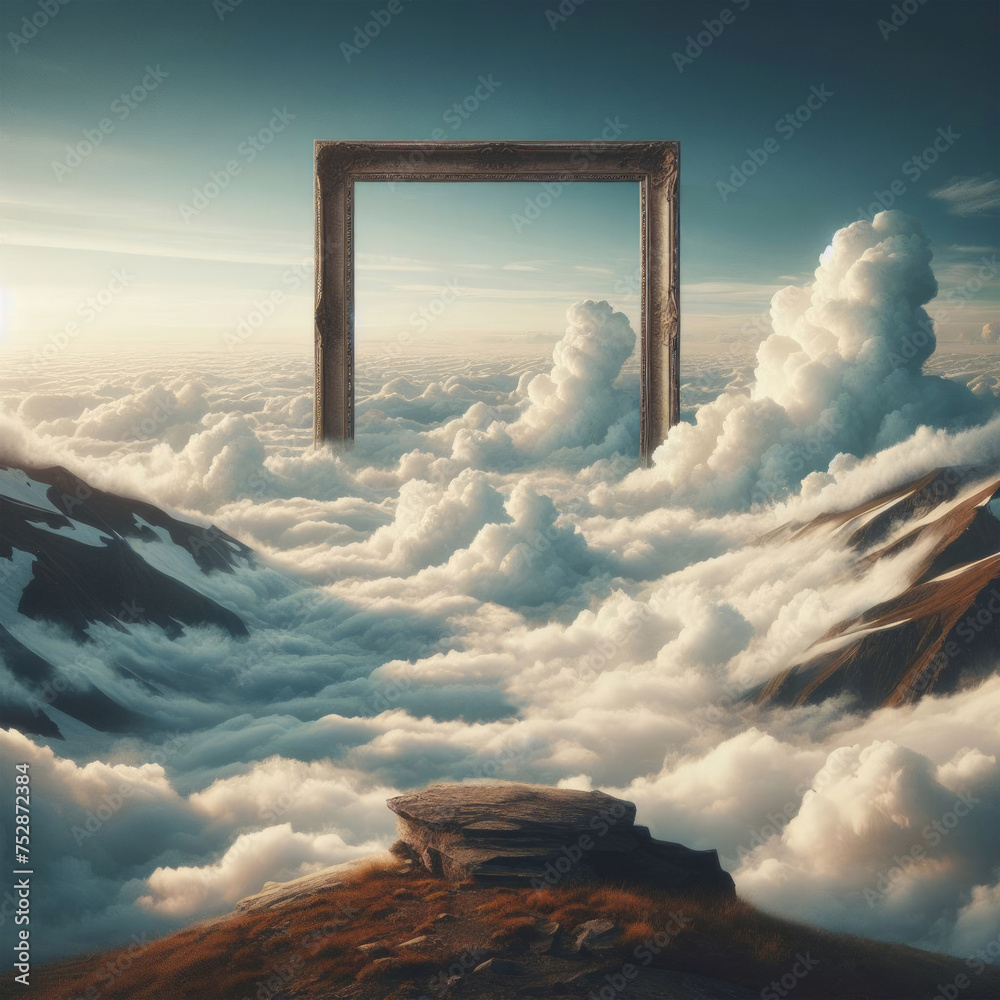 Fantastic landscape with picture frame among the clouds - obrazy, fototapety, plakaty 