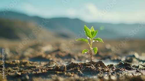 A young plant grows in a dry area on cracking soil.