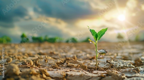 A young plant grows in a dry area on cracking soil.