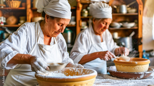 portrait of two senior woman pastry cooks making traditional artisan sweets