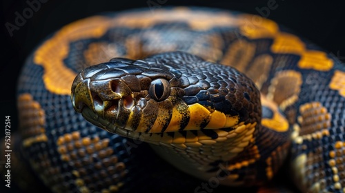 an anaconda snake portrait looking direct in camera with low-light, black backdrop 