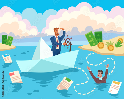 Business man sinking in sea of financial documents. Metaphor. Vector illustration. Financial  analyst in paper ship trying to help drowning man. Navigating financial documents concept