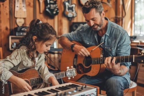 Father Teaching Young Daughter to Play Guitar at Home, Family Music Education Concept, Quality Time Together