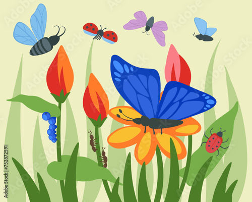 Meadow with different insects. Butterflies, bugs, caterpillar, ladybugs, ants. Vector illustration. Insect ecosystem concept